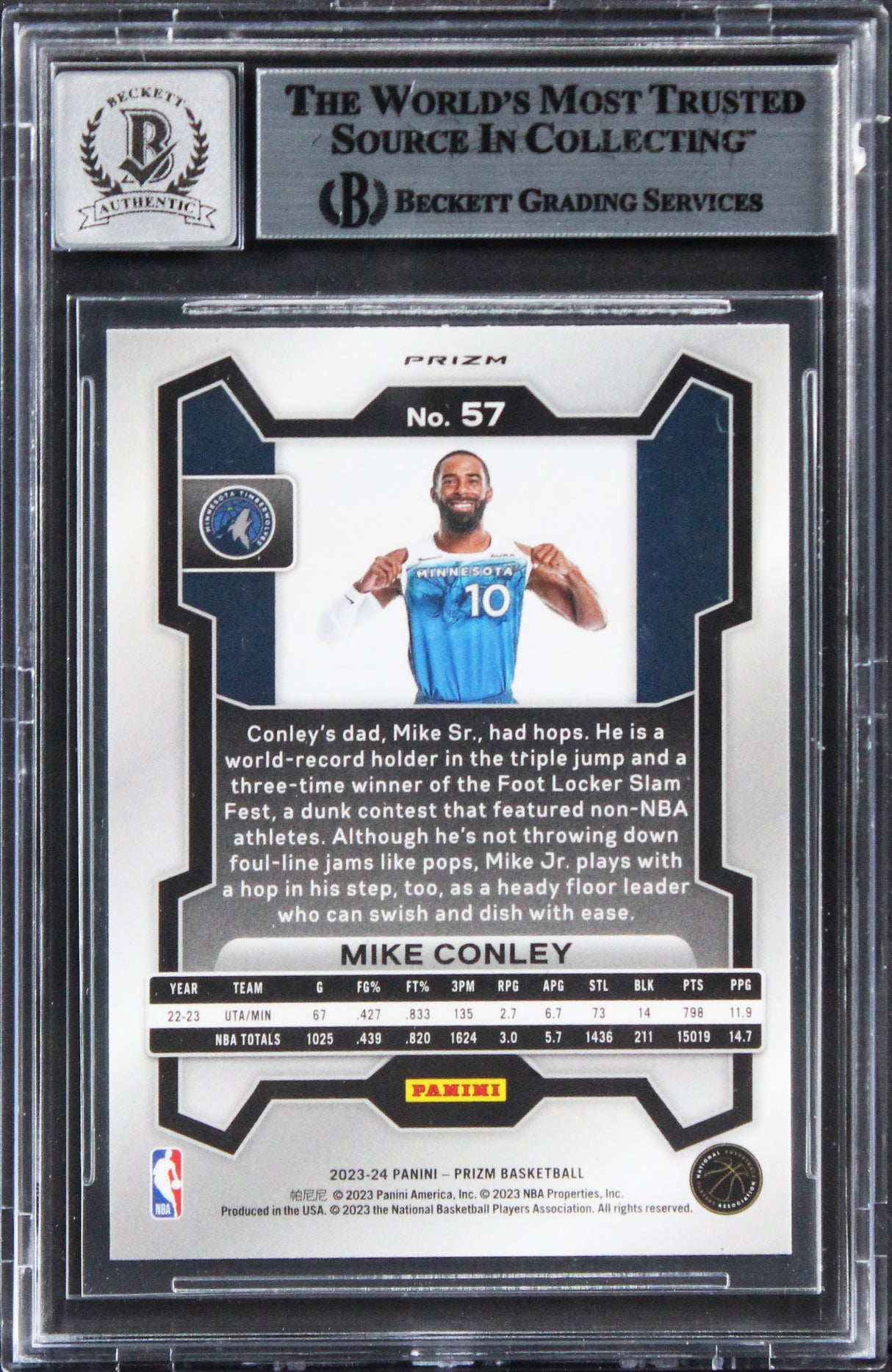 Timberwolves Mike Conley Signed 2023 Panini Prizm RWB #57 Card Auto 10! BAS Slab