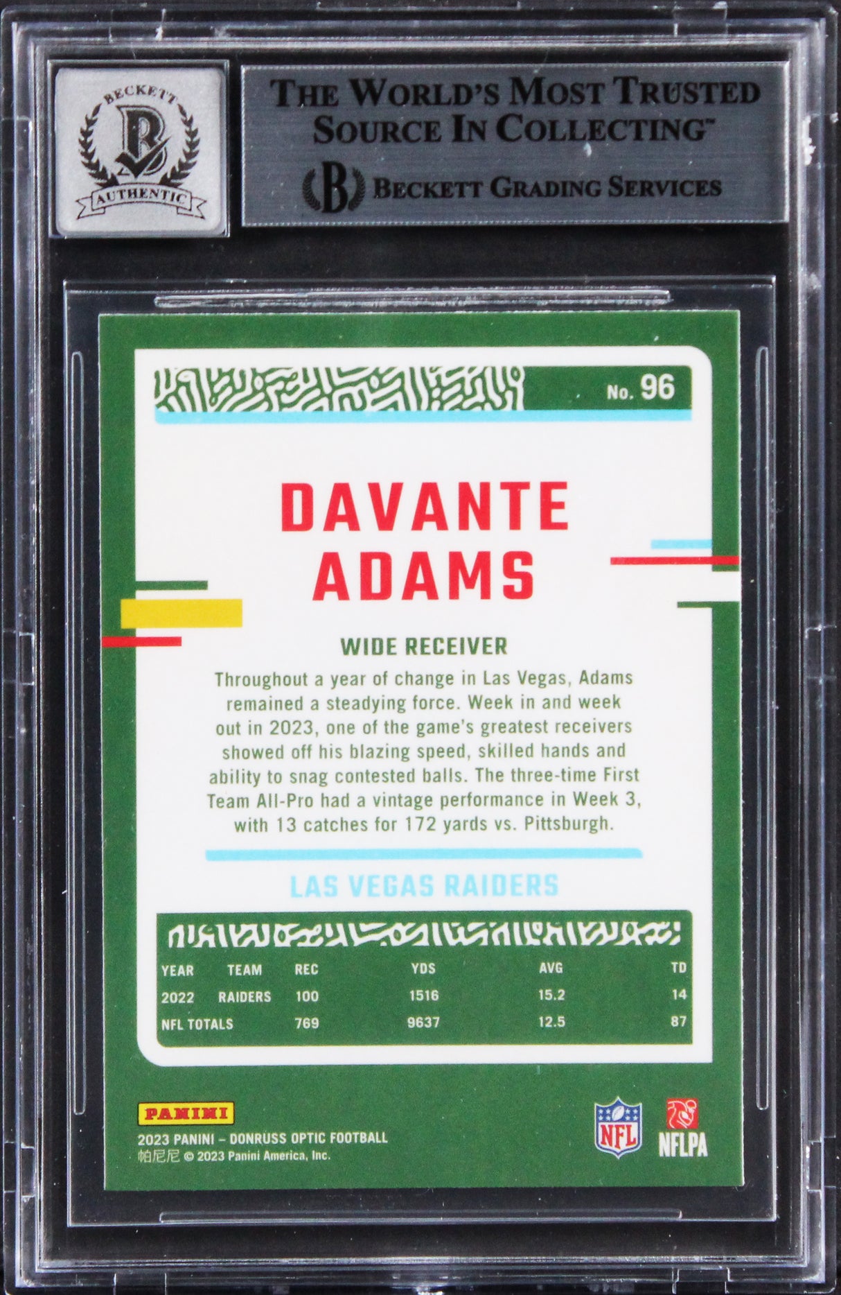 Raiders Davante Adams Signed 2023 Donruss Optic #96 Card Auto 10! BAS Slabbed