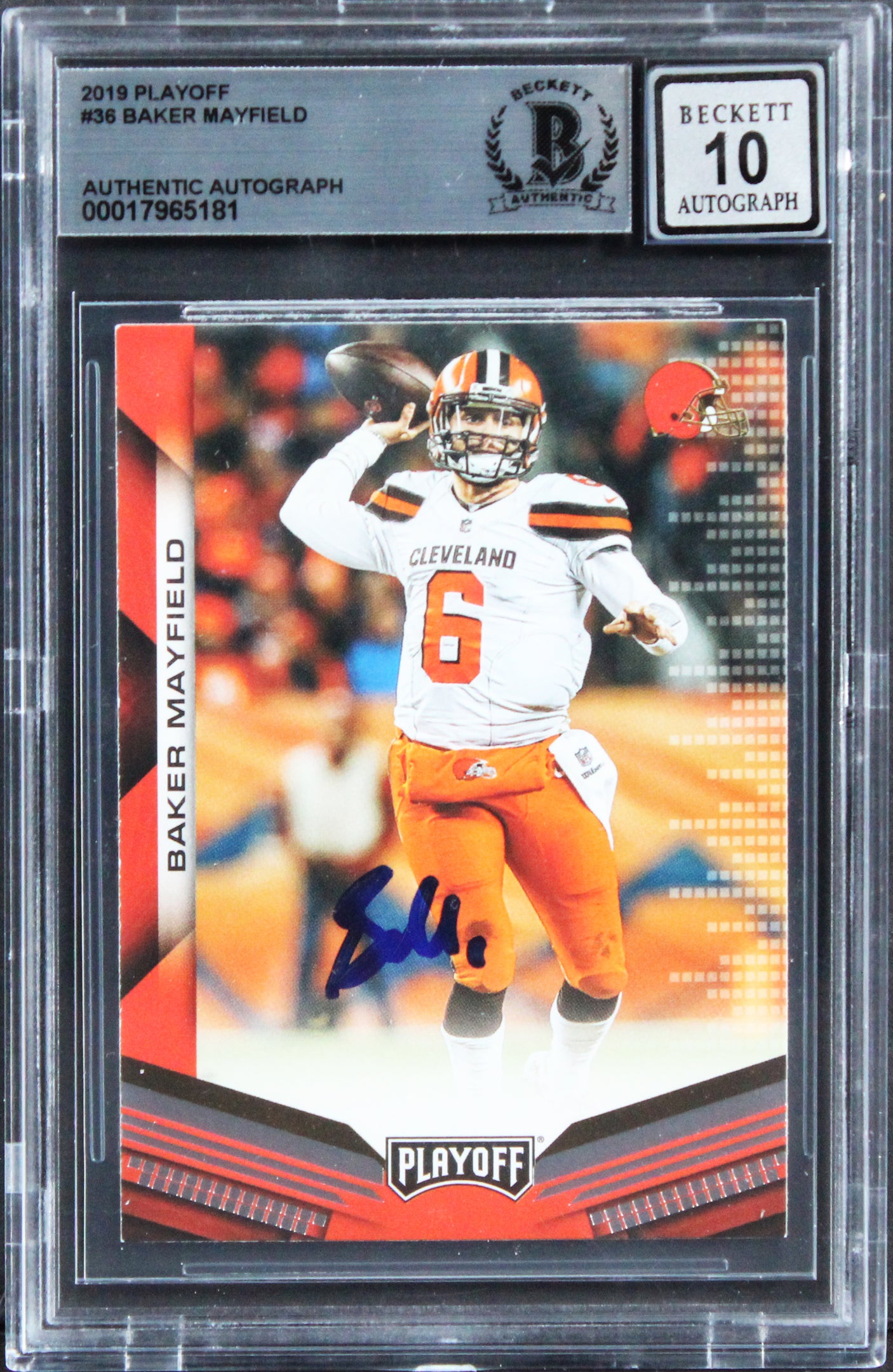Browns Baker Mayfield Signed 2019 Playoff #36 Card Auto Graded 10! BAS Slabbed