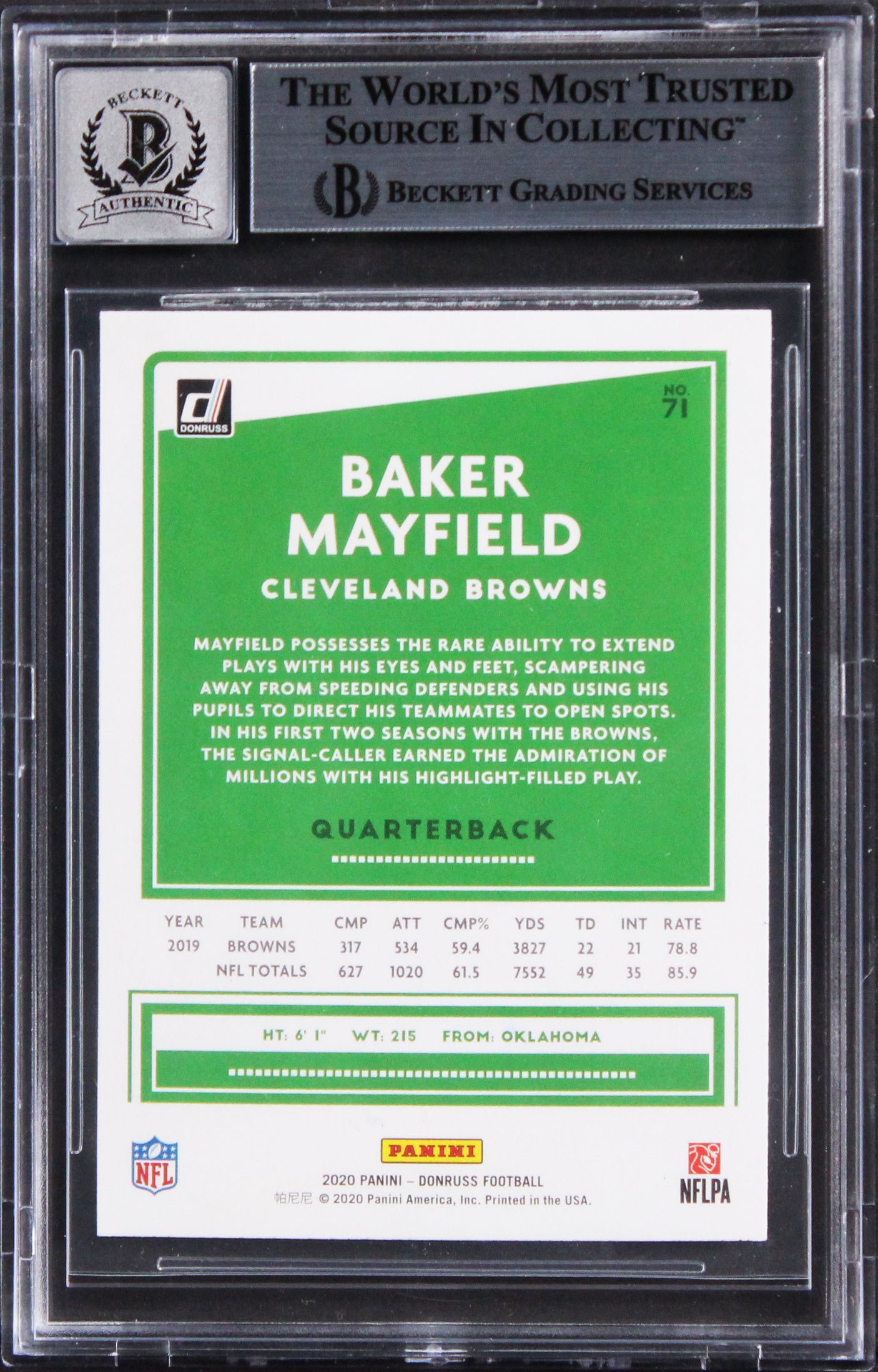Browns Baker Mayfield Signed 2020 Donruss #71A Card Auto Graded 10! BAS Slabbed