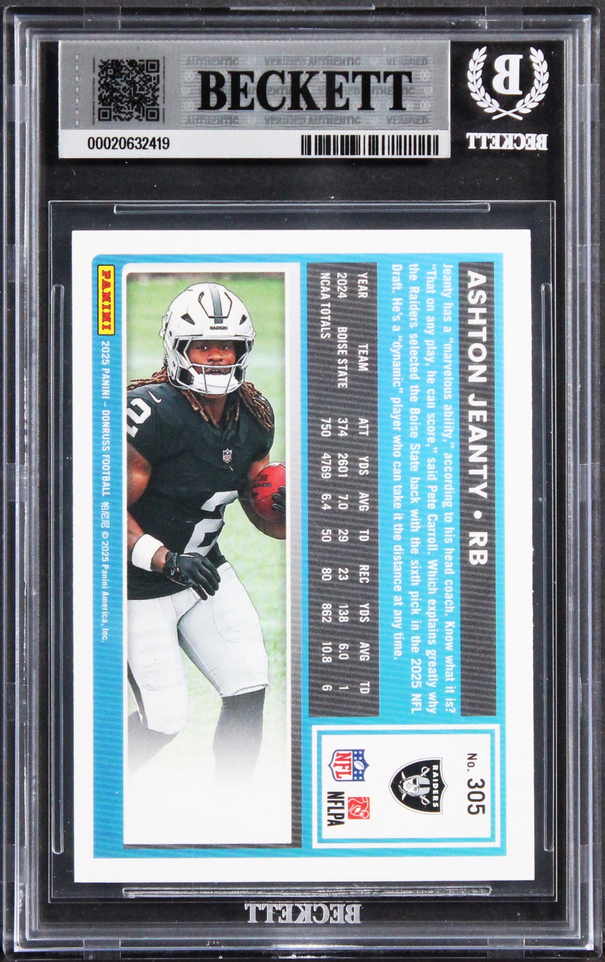 Raiders Ashton Jeanty Signed 2025 Donruss #305 Rookie Card Auto 10! BAS Slabbed