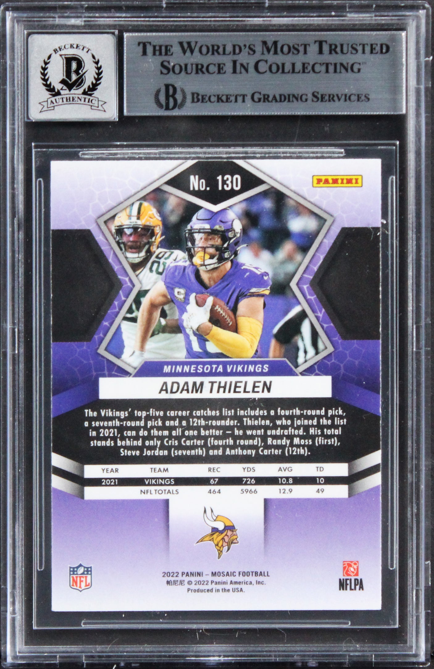 Vikings Adam Thielen Signed 2022 Panini Mosaic #130 Card Auto 10! BAS Slabbed