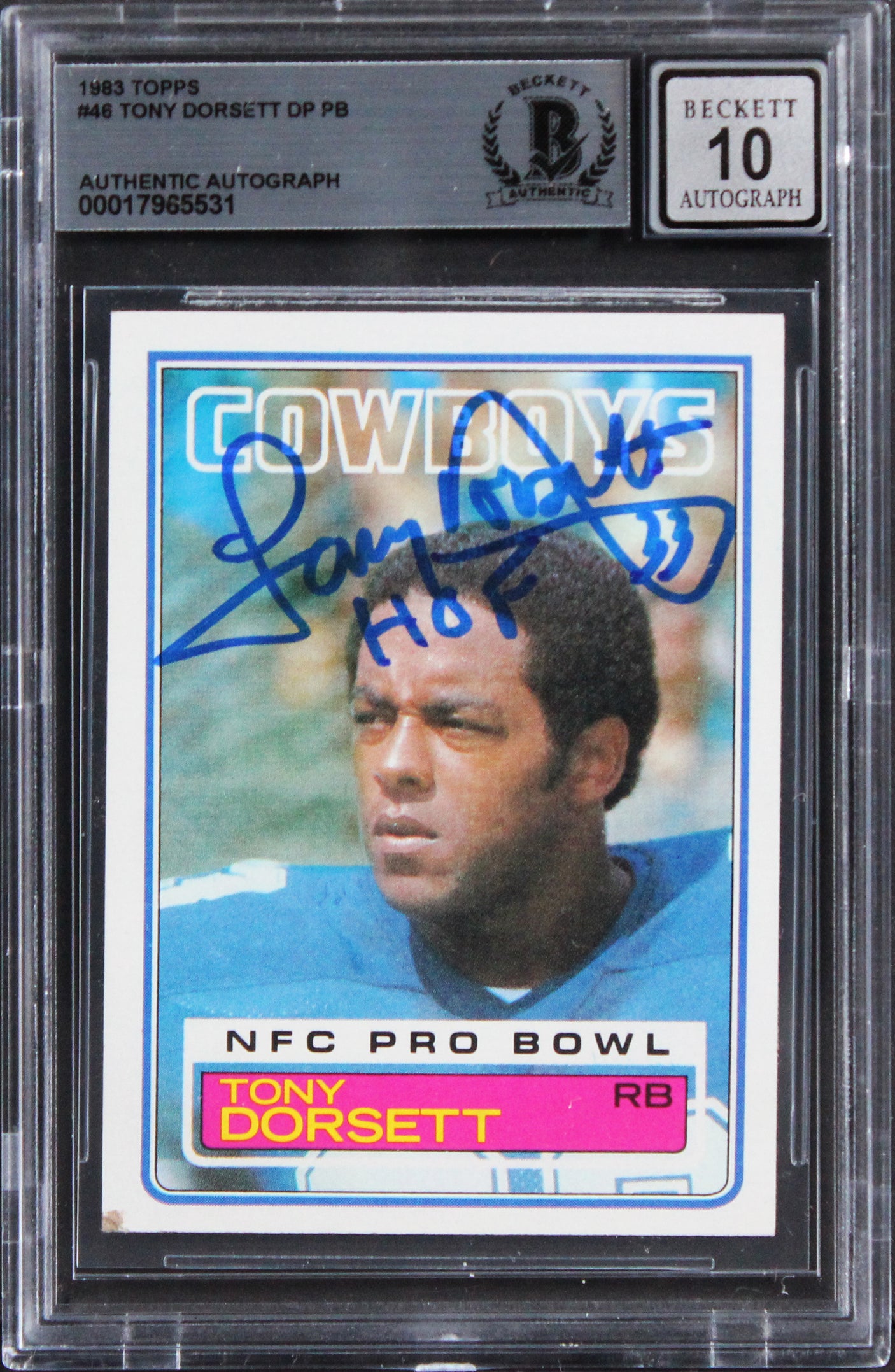 Cowboys Tony Dorsett "HOF" Signed 1983 Topps #46 Card Auto Grade 10! BAS Slabbed