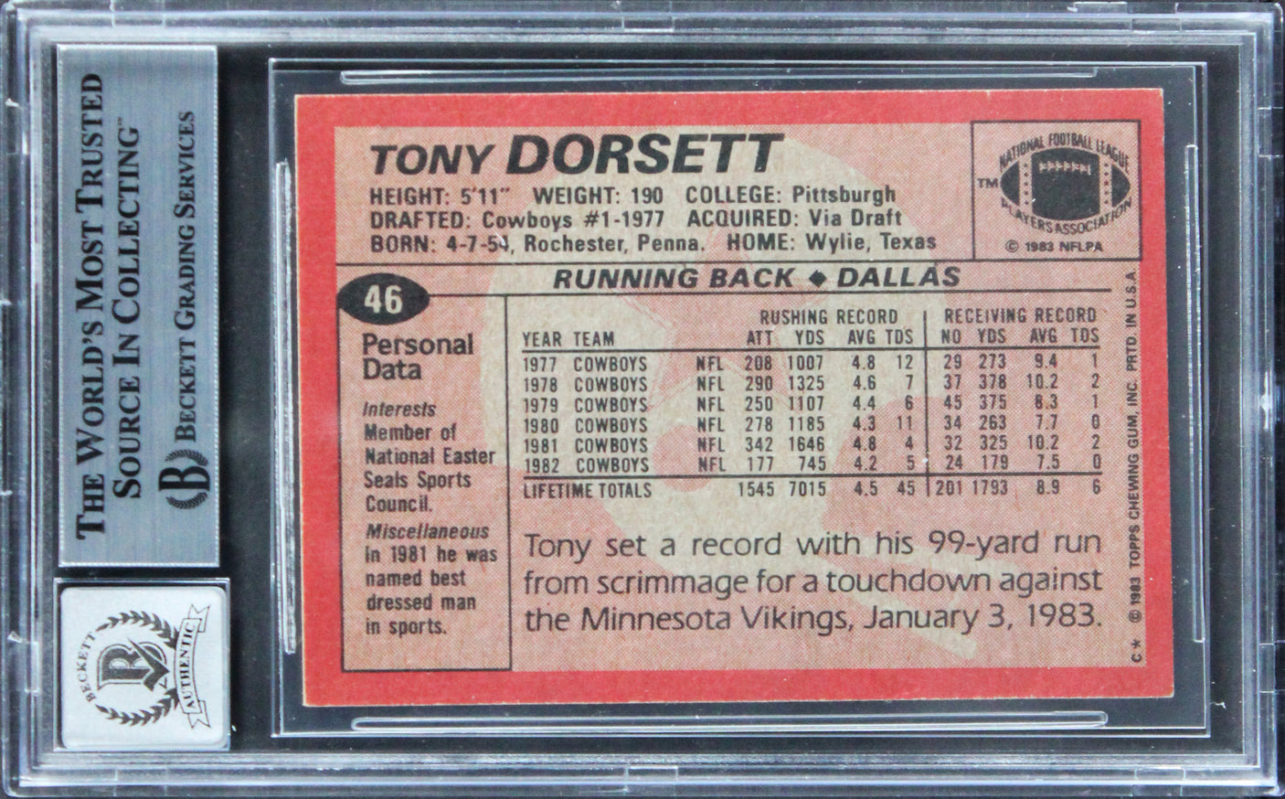 Cowboys Tony Dorsett "HOF" Signed 1983 Topps #46 Card Auto Grade 10! BAS Slabbed