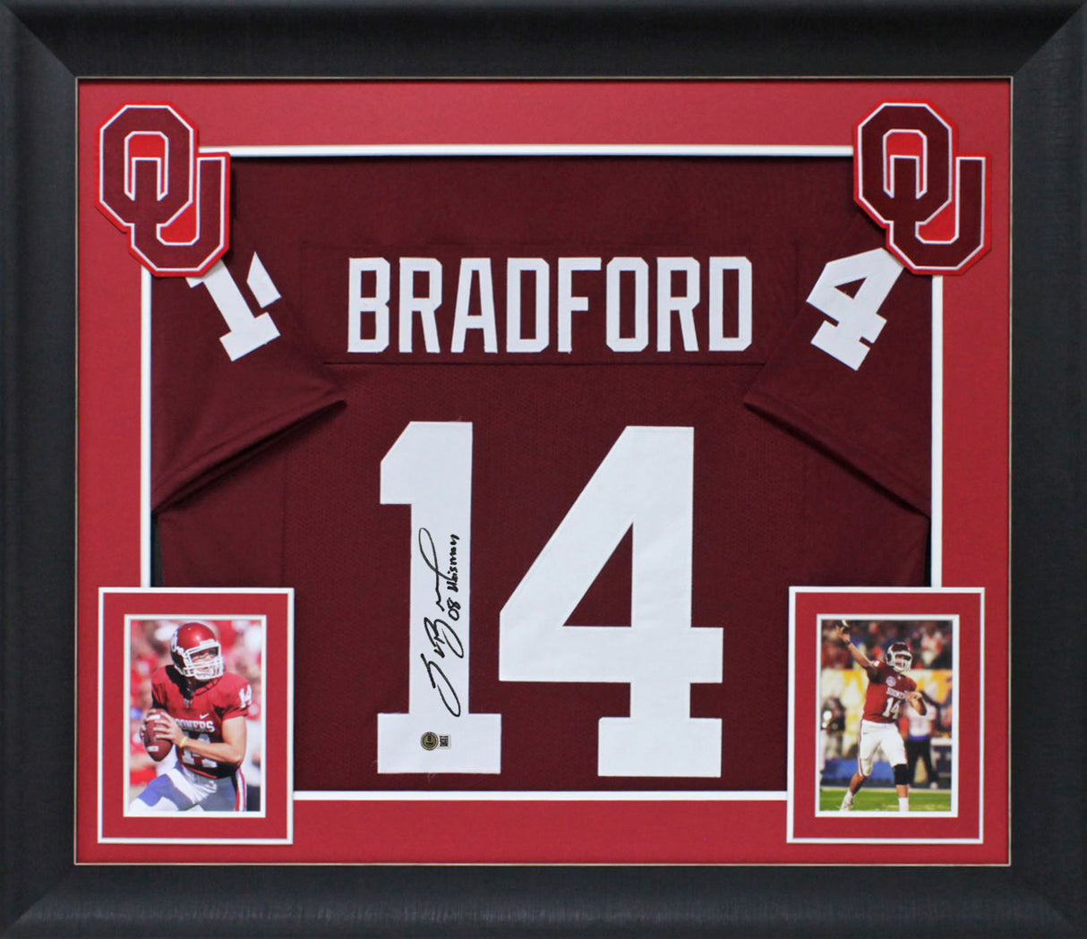 Oklahoma Sam Bradford "2008 Heisman" Signed Maroon Pro Style Framed Jersey BAS W