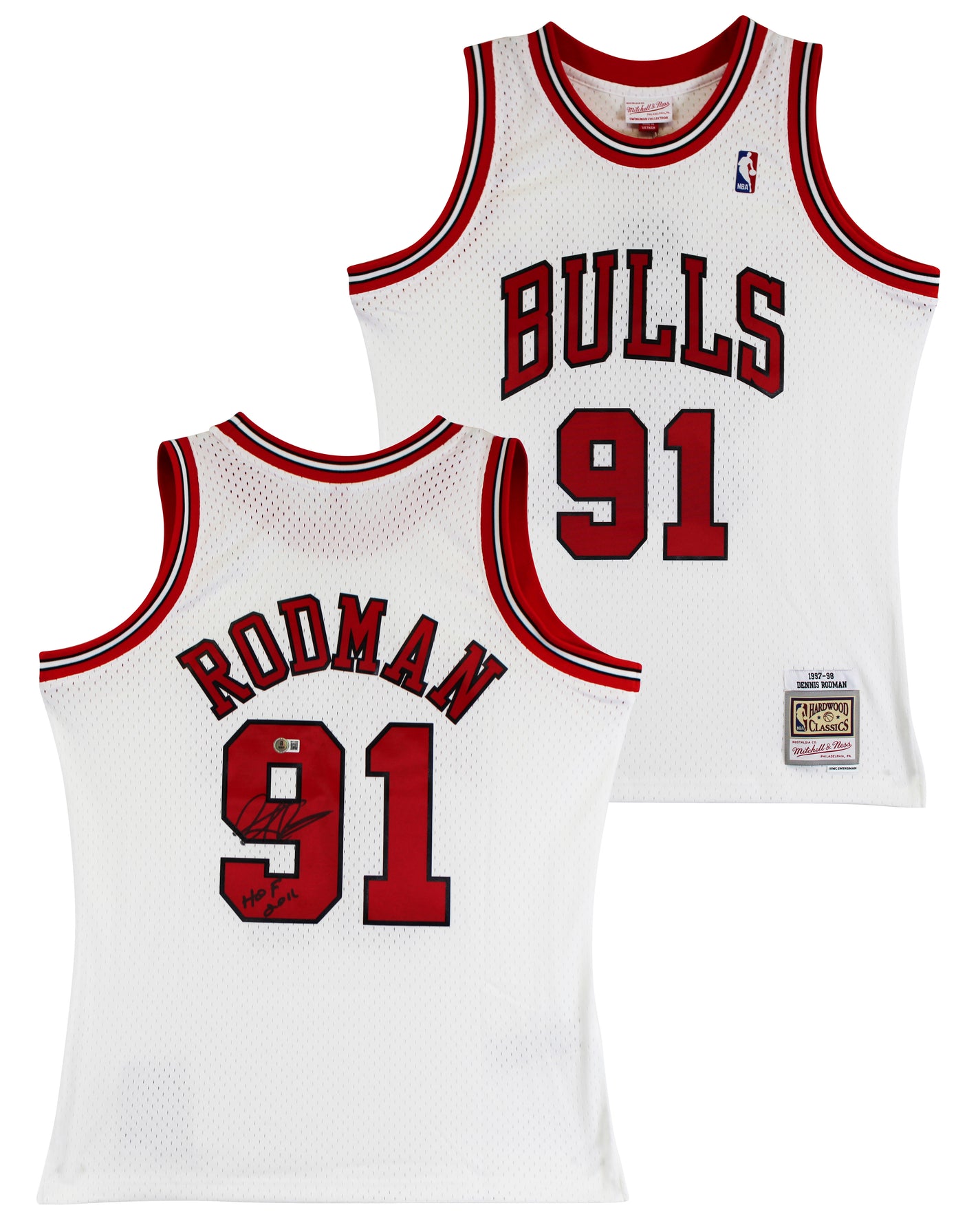 Bulls Dennis Rodman "HOF 2011" Signed White M&N HWC Swingman Jersey BAS Witness