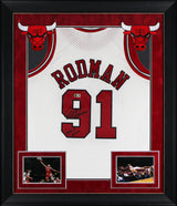 Bulls Dennis Rodman "HOF 2011" Signed White M&N HWC Swingman Framed Jersey BAS W