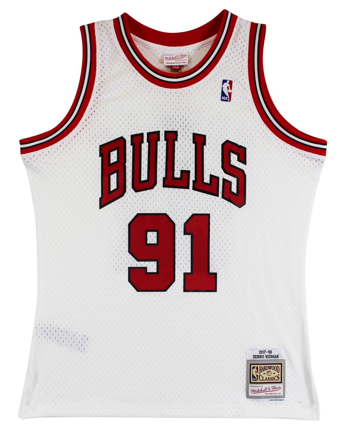 Bulls Dennis Rodman "HOF 2011" Signed White M&N HWC Swingman Jersey BAS Witness