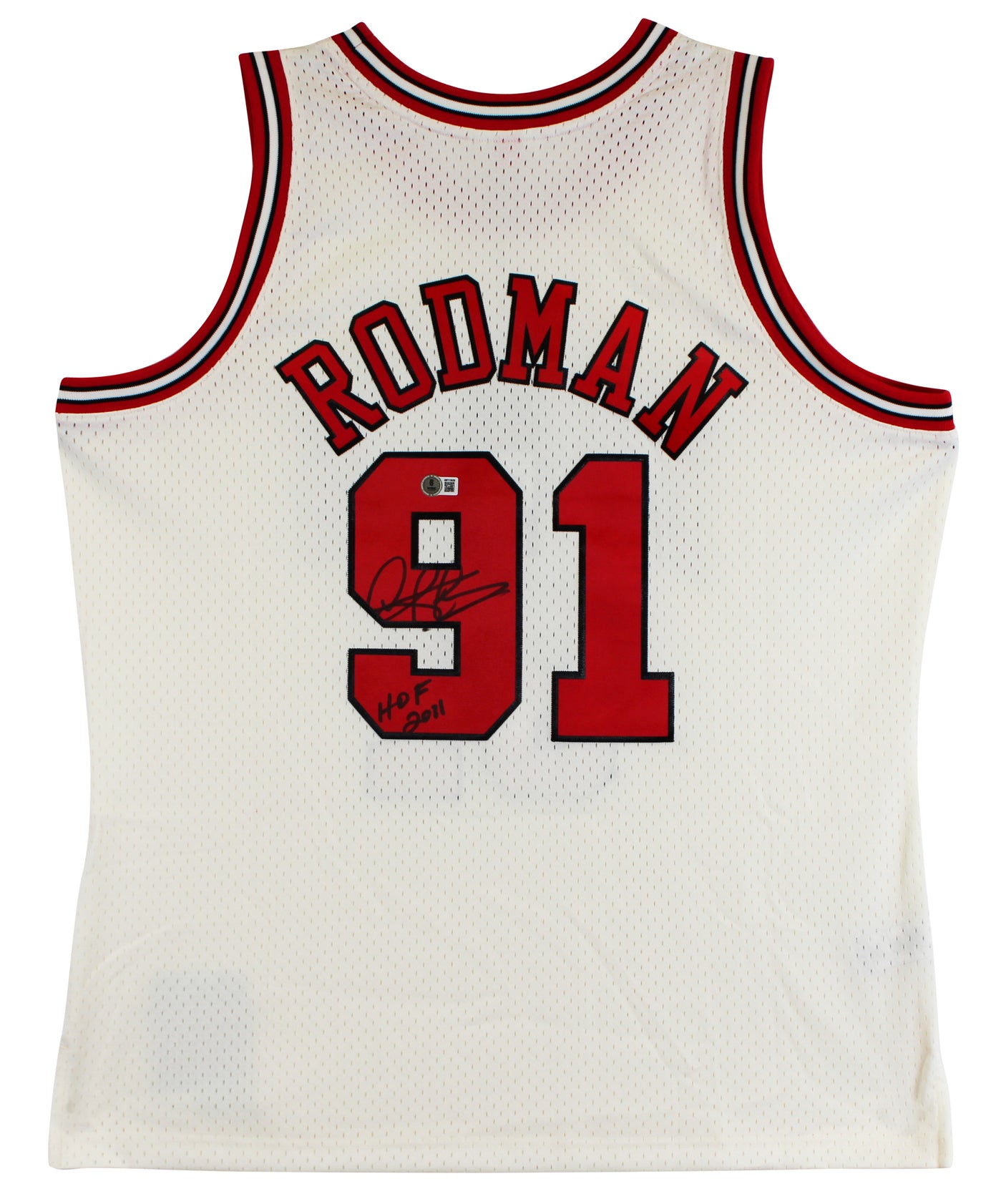 Bulls Dennis Rodman "HOF 2011" Signed Cream M&N HWC Swingman Jersey BAS Witness