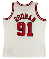 Bulls Dennis Rodman "HOF 2011" Signed Cream M&N HWC Swingman Jersey BAS Witness