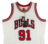 Bulls Dennis Rodman "HOF 2011" Signed Cream M&N HWC Swingman Jersey BAS Witness