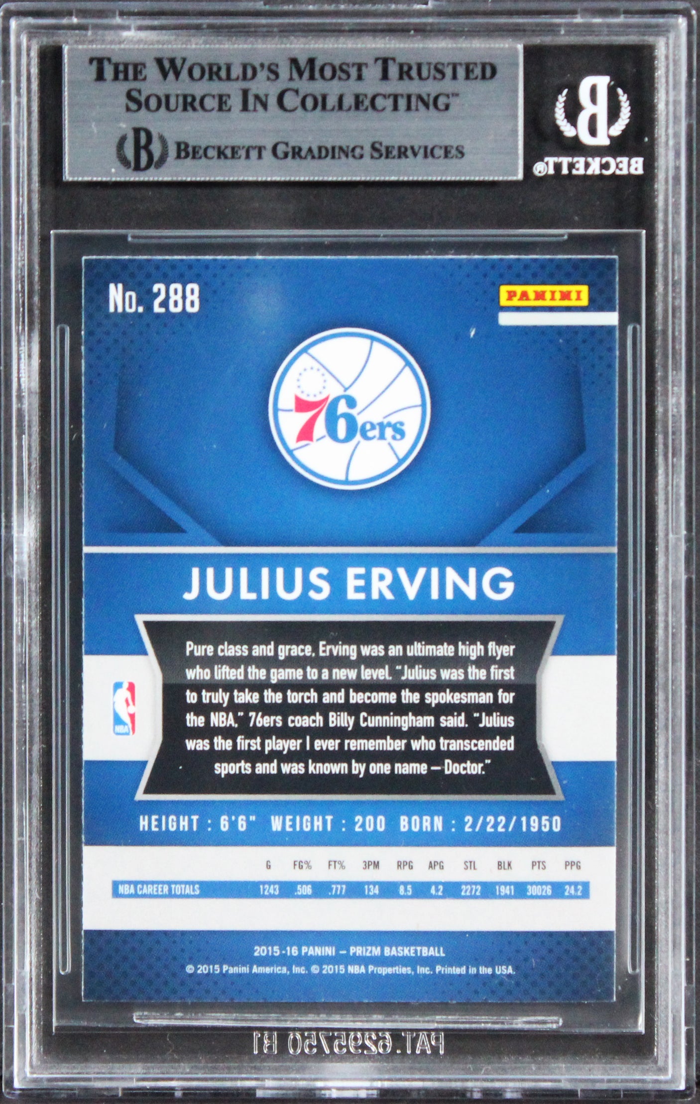 76ers Julius Erving Authentic Signed 2015 Panini Prizm #288 Card BAS Slabbed