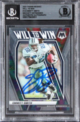 Cowboys Emmitt Smith Signed 2021 Panini Mosaic Will To Win #18 Card BAS Slabbed