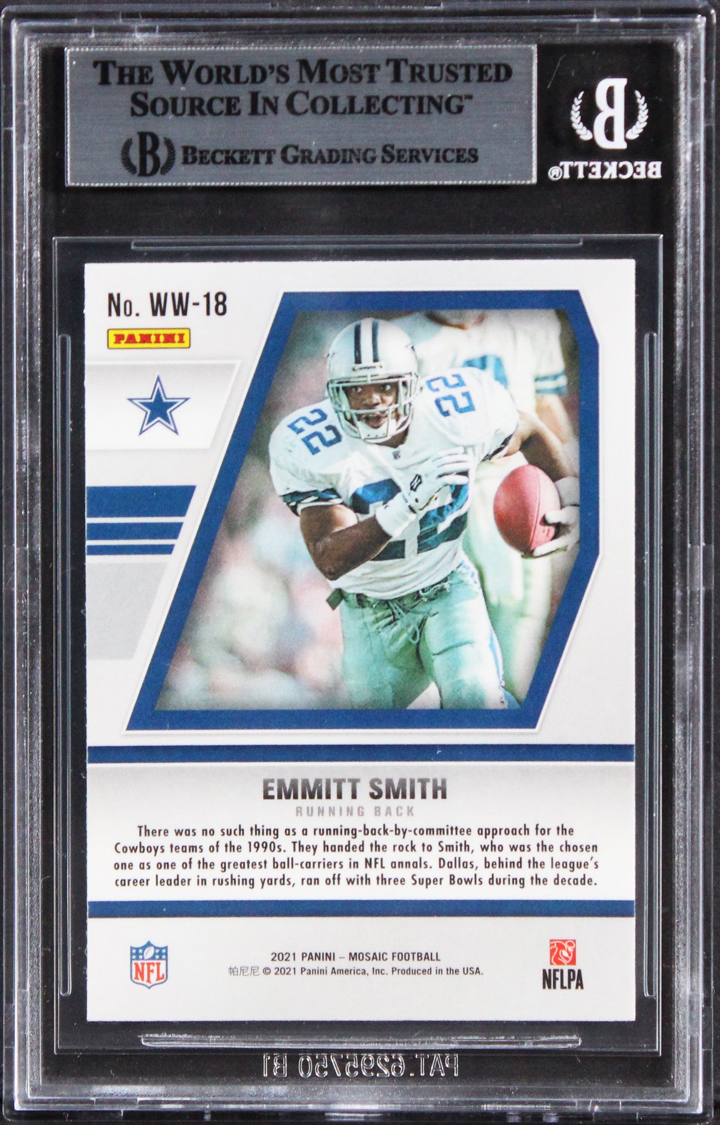 Cowboys Emmitt Smith Signed 2021 Panini Mosaic Will To Win #18 Card BAS Slabbed