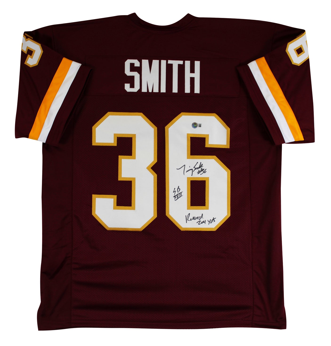 Timmy Smith "Record 204 Yards SB XXII" Signed Maroon Pro Style Jersey BAS Wit