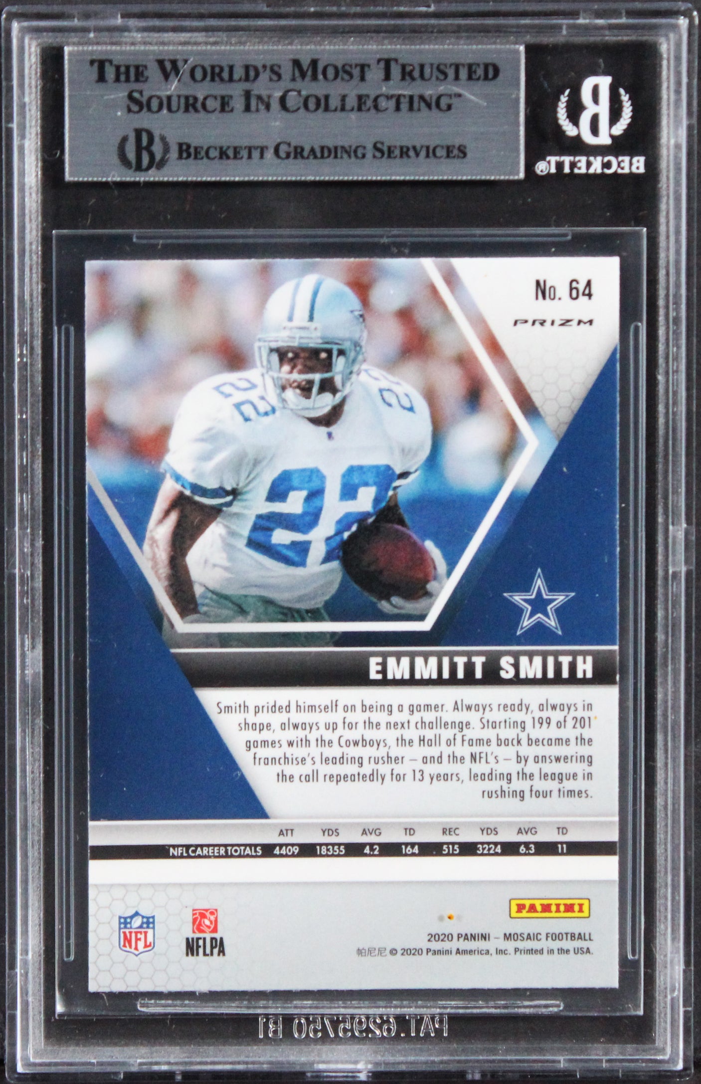 Cowboys Emmitt Smith Signed 2020 Panini Mosaic React Blue #84 Card BAS Slabbed