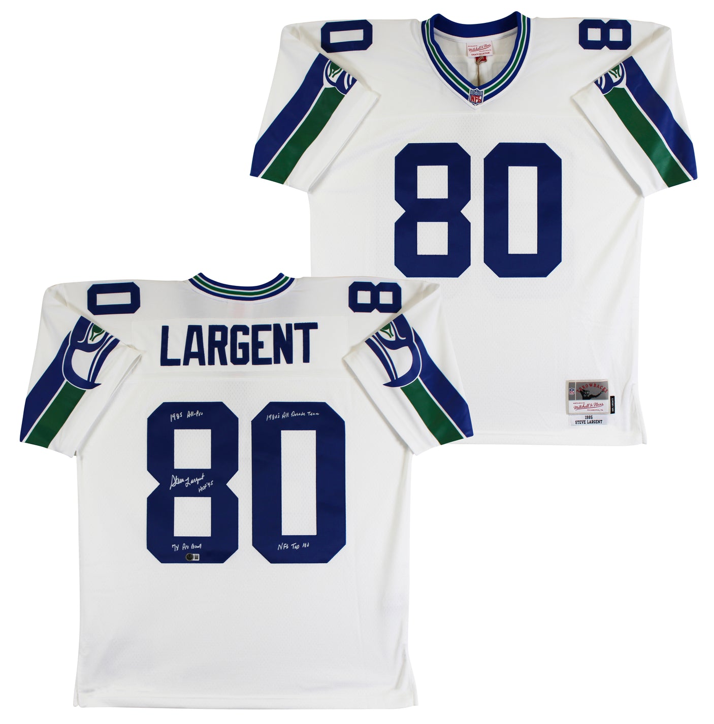 Seahawks Steve Largent "Career Stat" Signed White M&N TB Jersey BAS Witnessed
