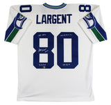 Seahawks Steve Largent "Career Stat" Signed White M&N TB Jersey BAS Witnessed