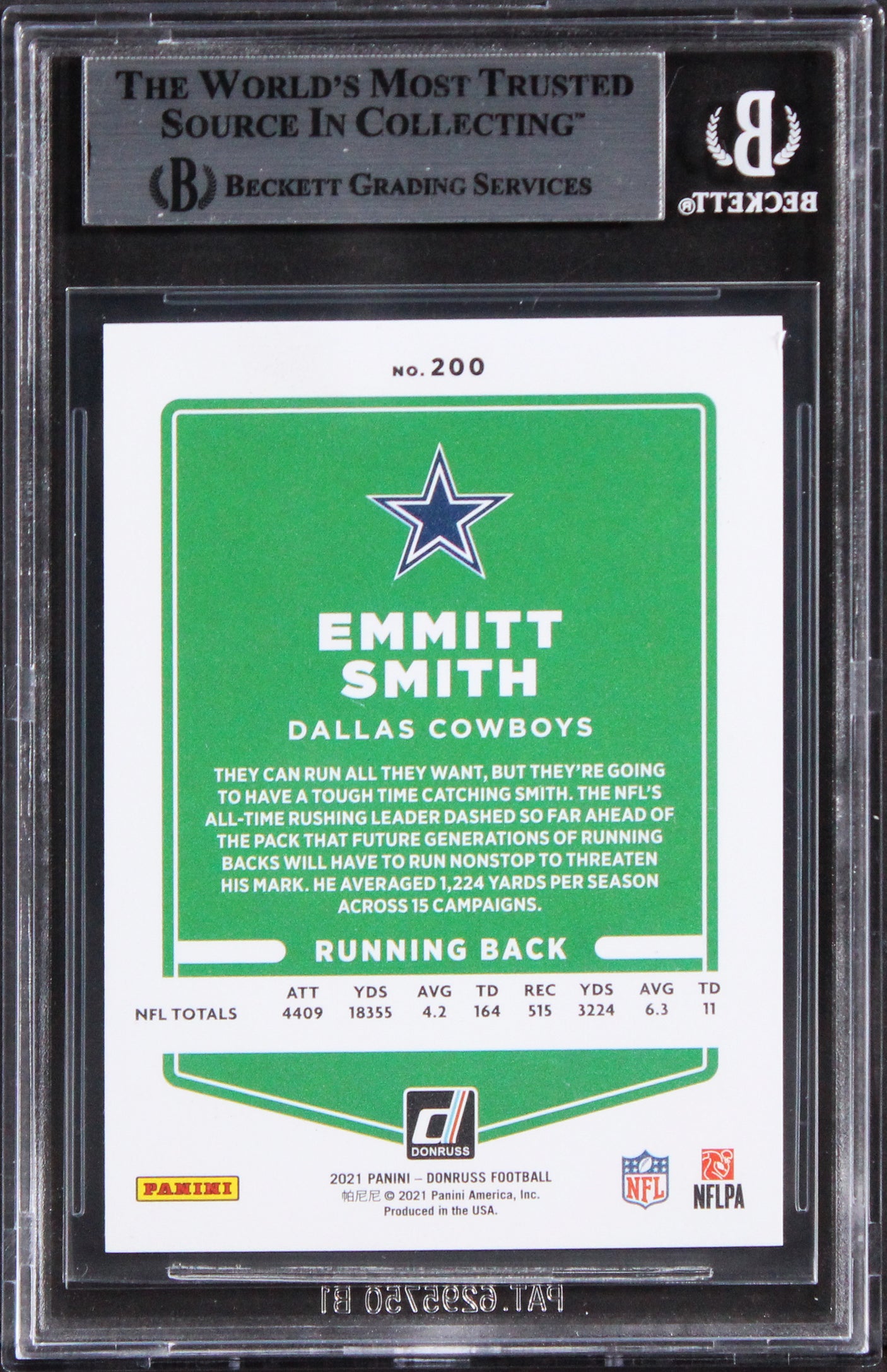 Cowboys Emmitt Smith Signed 2021 Donruss Press Proof Yellow #200 Card BAS Slab