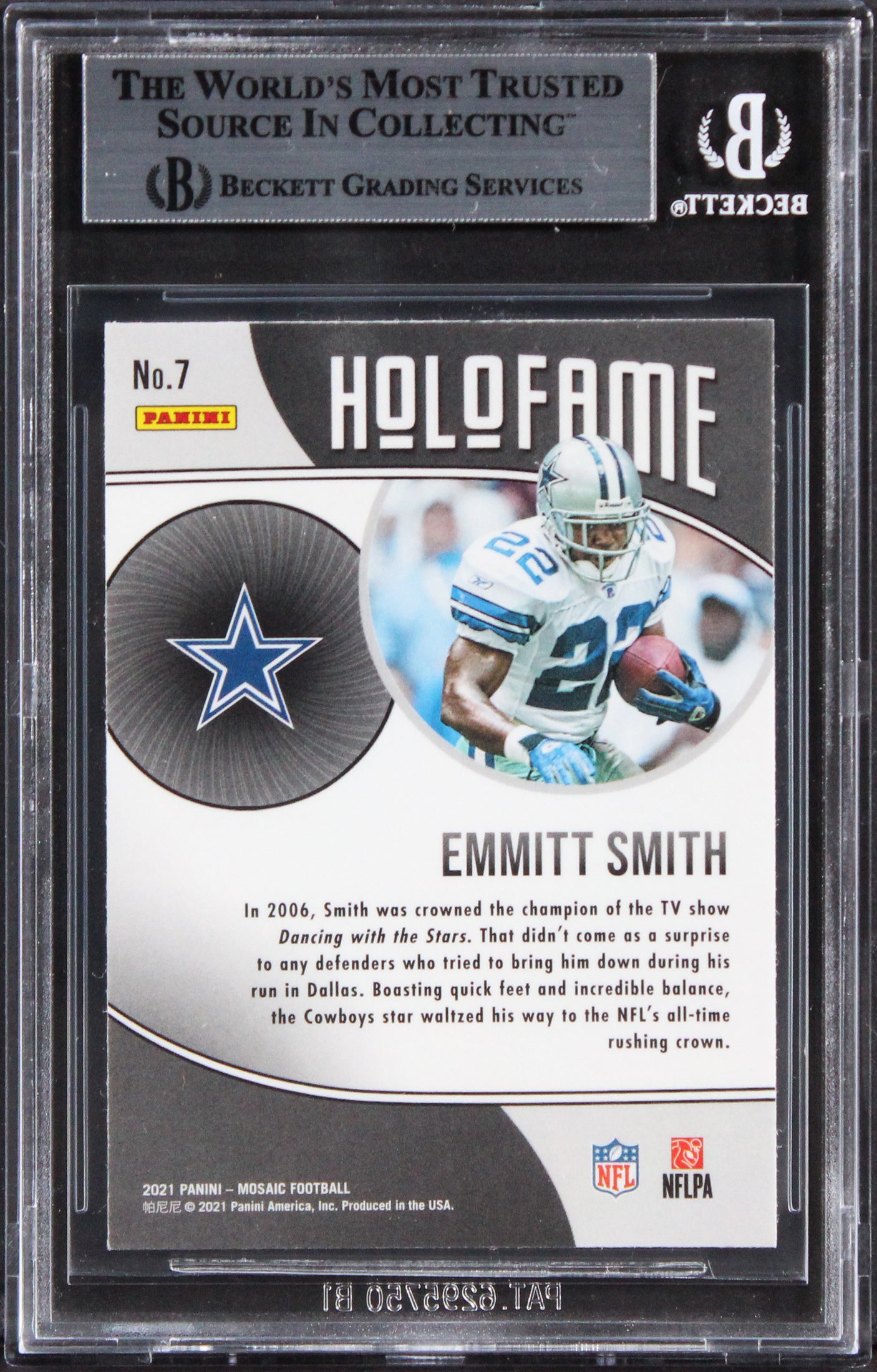 Cowboys Emmitt Smith Signed 2021 Panini Mosaic Holofame #7 Card BAS Slabbed