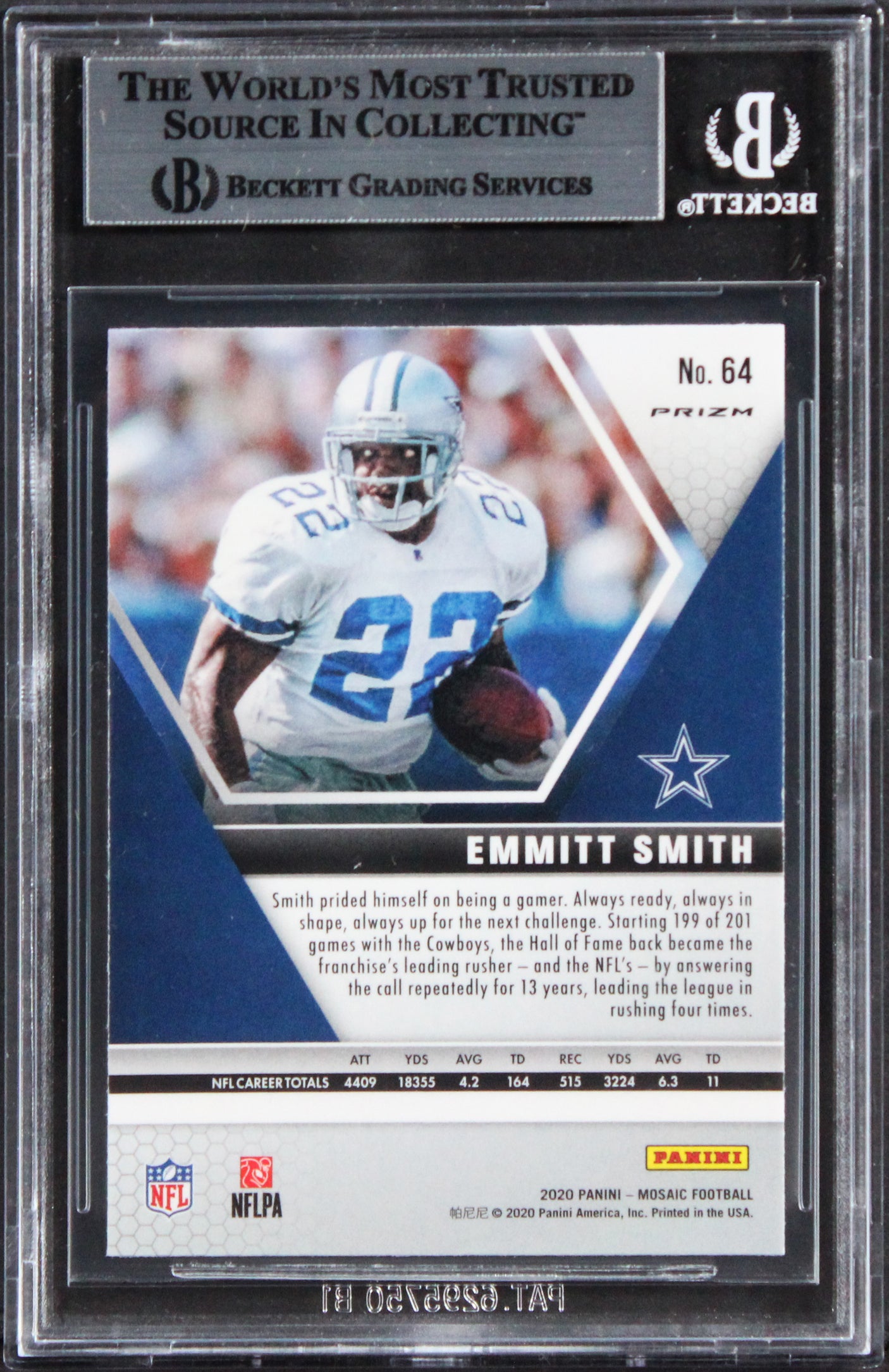 Cowboys Emmitt Smith Signed 2020 Panini Mosaic React Green #64 Card BAS Slabbed