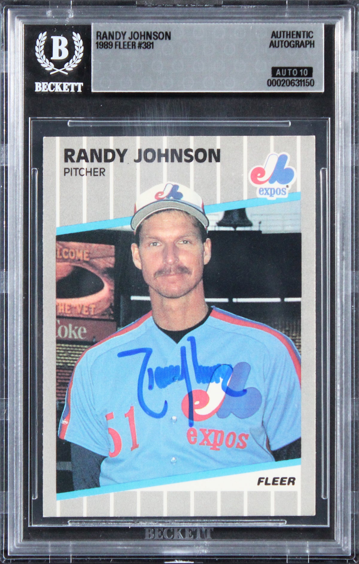 Expos Randy Johnson Signed 1989 Fleer #381 Rookie Card Auto GM 10! BAS Slabbed