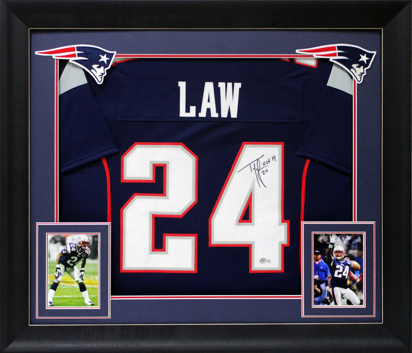 Ty Law "HOF 19" Authentic Signed Navy Blue Pro Style Framed Jersey BAS Witnessed