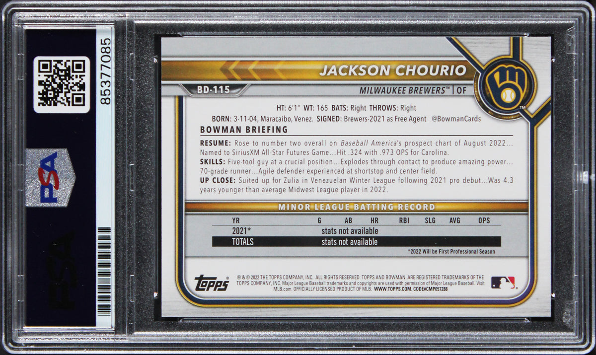 Brewers Jackson Chourio Signed 2022 Bowman Draft #DB-115 Card PSA/DNA Slabbed