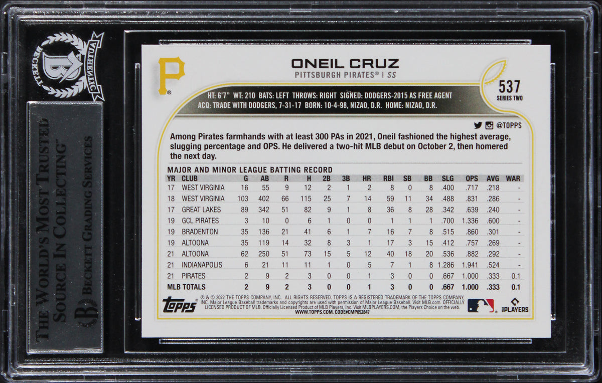 Pirates Oneil Cruz Authentic Signed 2022 Topps #537 Rookie Card BAS Slabbed