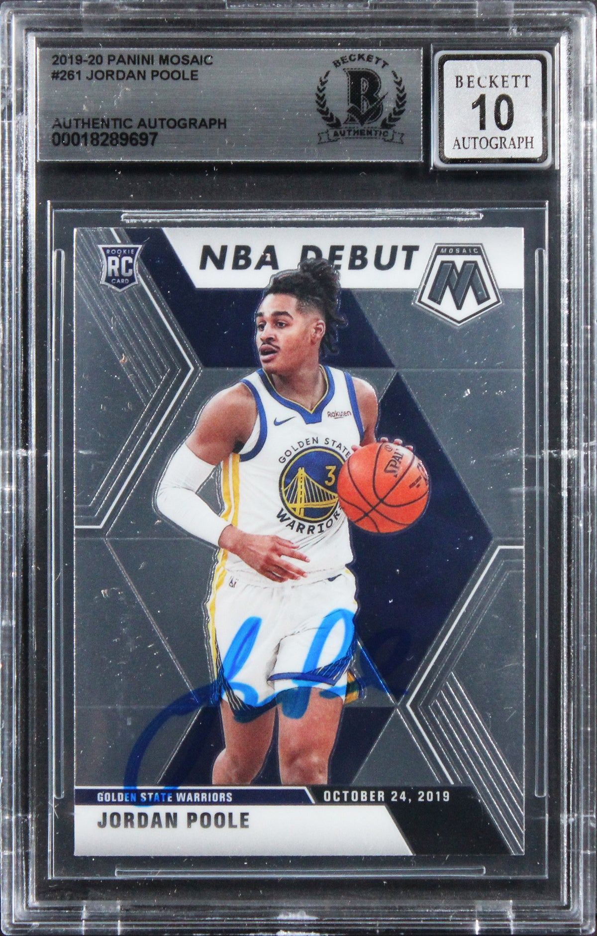 Warriors Jordan Poole Signed 2019 Panini Mosaic #261 RC Card Auto 10! BAS Slab