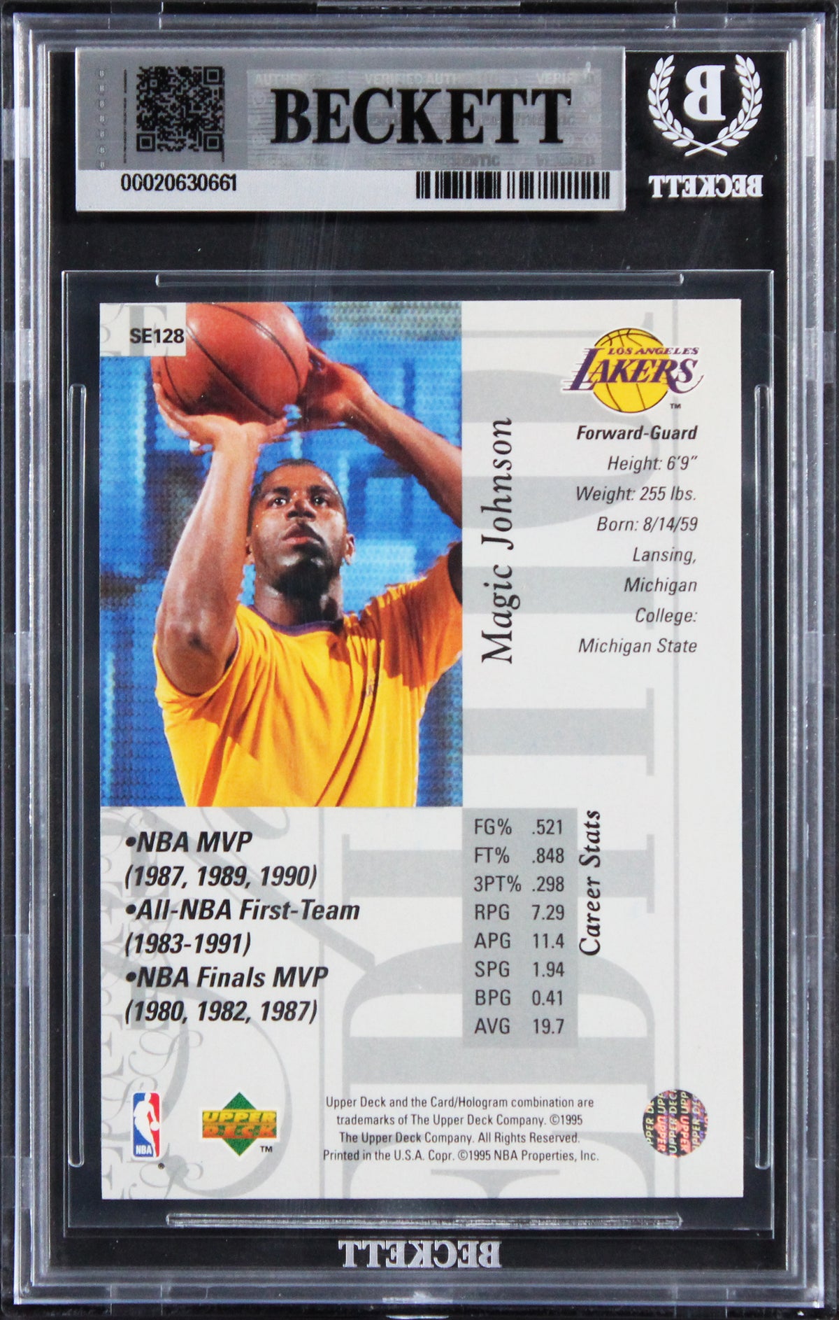 Lakers Magic Johnson Signed 1995 Upper Deck SE #128 Card Auto 10! BAS Slabbed