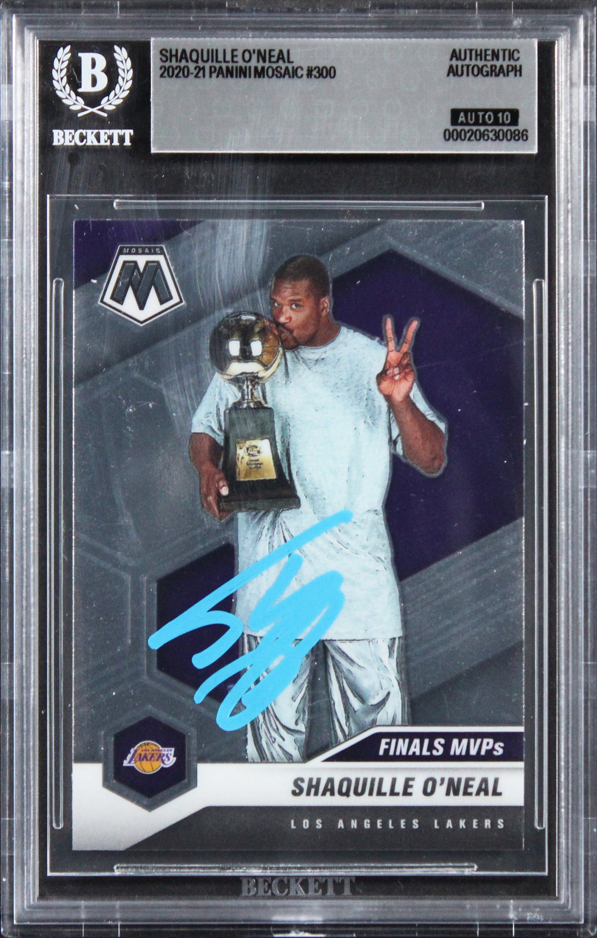 Lakers Shaquille O'Neal Signed 2020 Panini Mosaic #300 Card Auto 10! BAS Slabbed