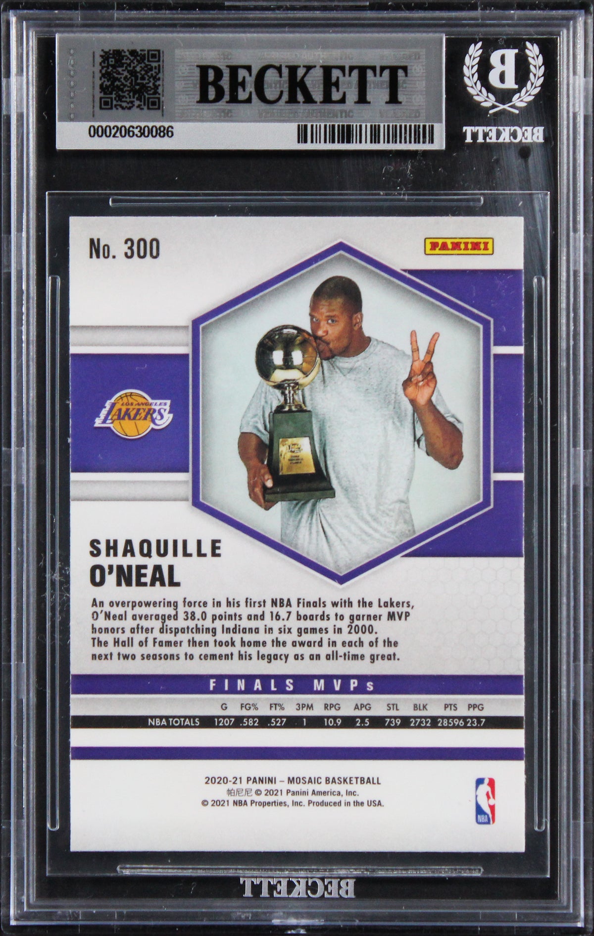 Lakers Shaquille O'Neal Signed 2020 Panini Mosaic #300 Card Auto 10! BAS Slabbed