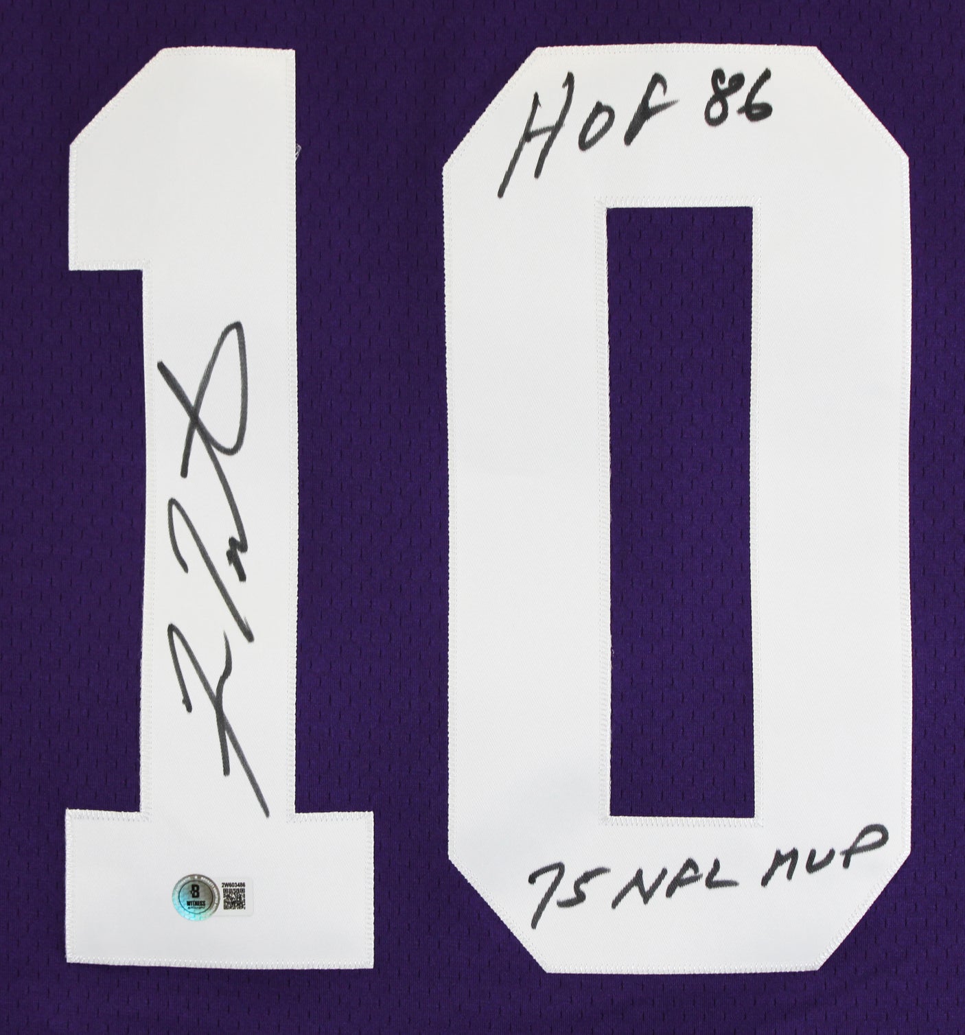 Vikings Fran Tarkenton "2x Insc" Signed Purple M&N TB Jersey BAS Witnessed