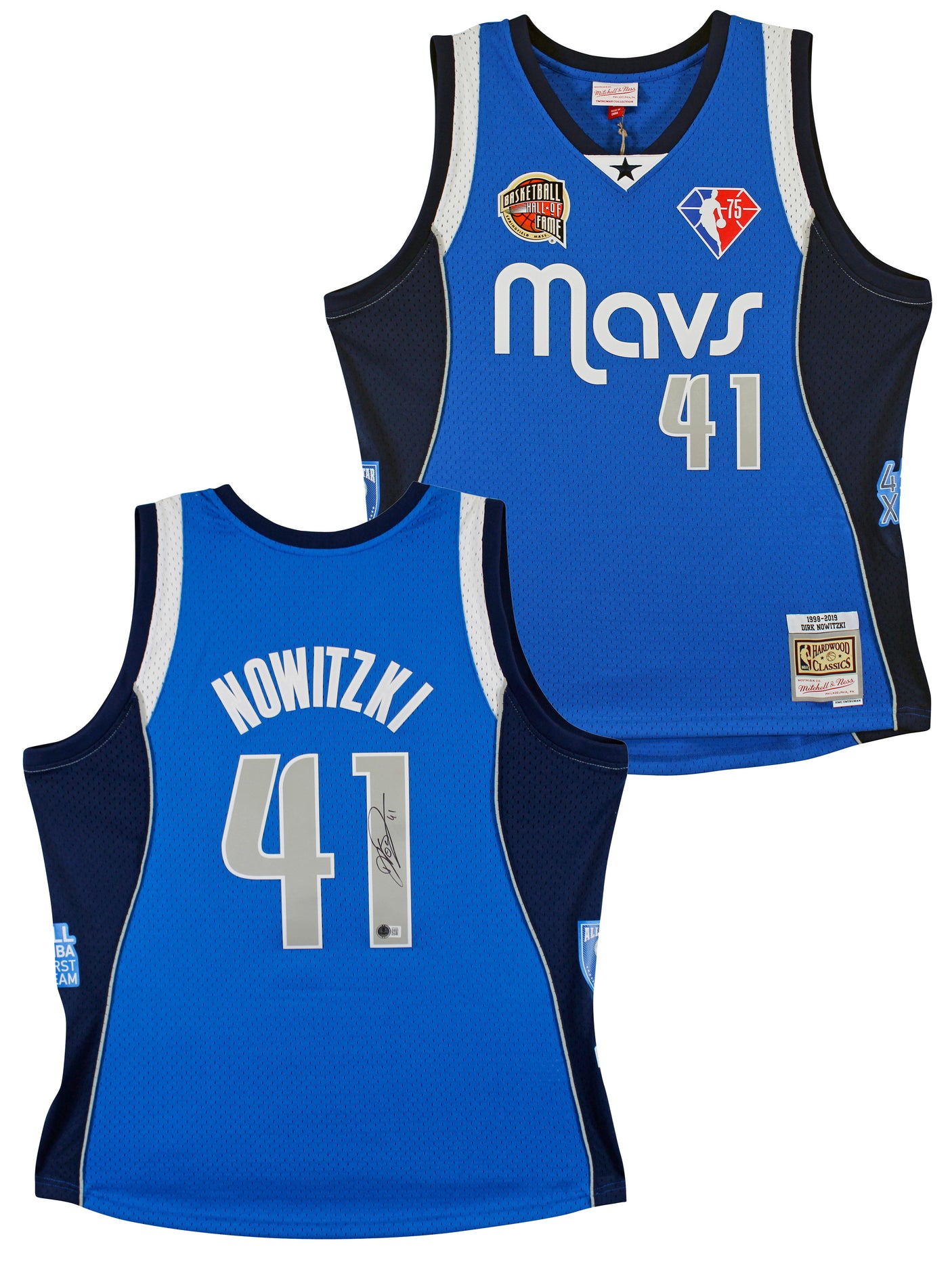 Mavs Dirk Nowitzki Signed Blue M&N HOF Class of 2023 TB HWC Swingman Jersey BAS