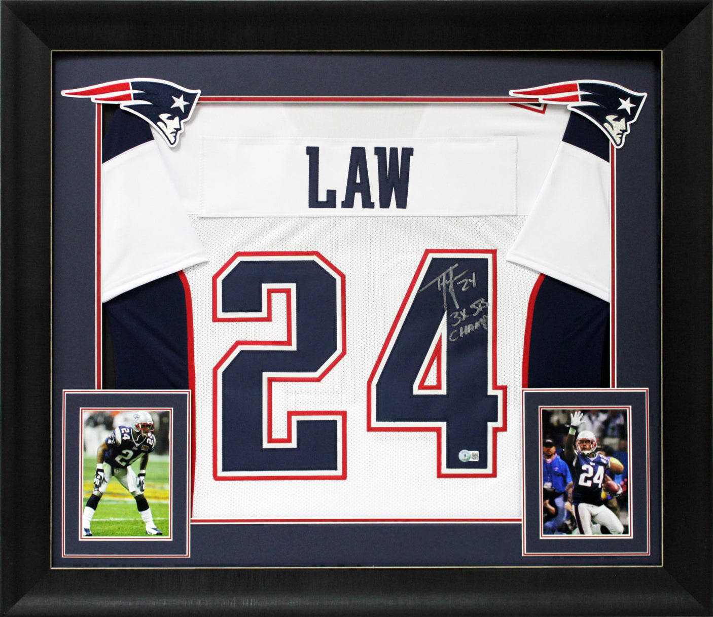 Ty Law "3x SB Champ" Authentic Signed White Pro Style Framed Jersey BAS Witness