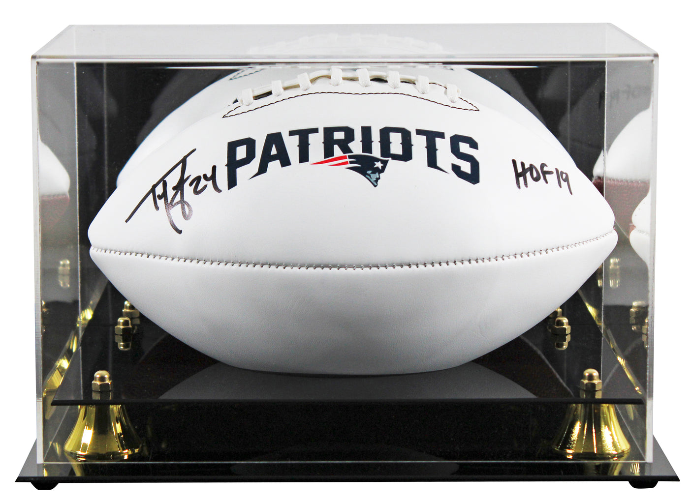 Patriots Ty Law "HOF 19" Signed Franklin White Panel Logo Football W/ Case BAS W