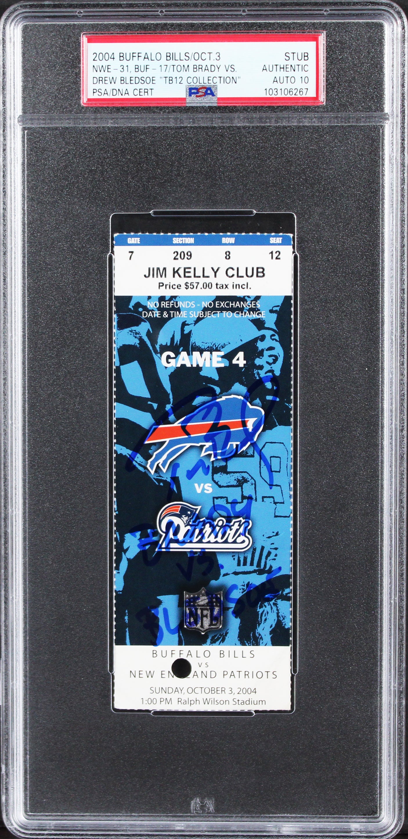Patriots Tom Brady "Brady Vs. Bledsoe" Signed 10/3/2004 Ticket Auto 10! PSA Slab
