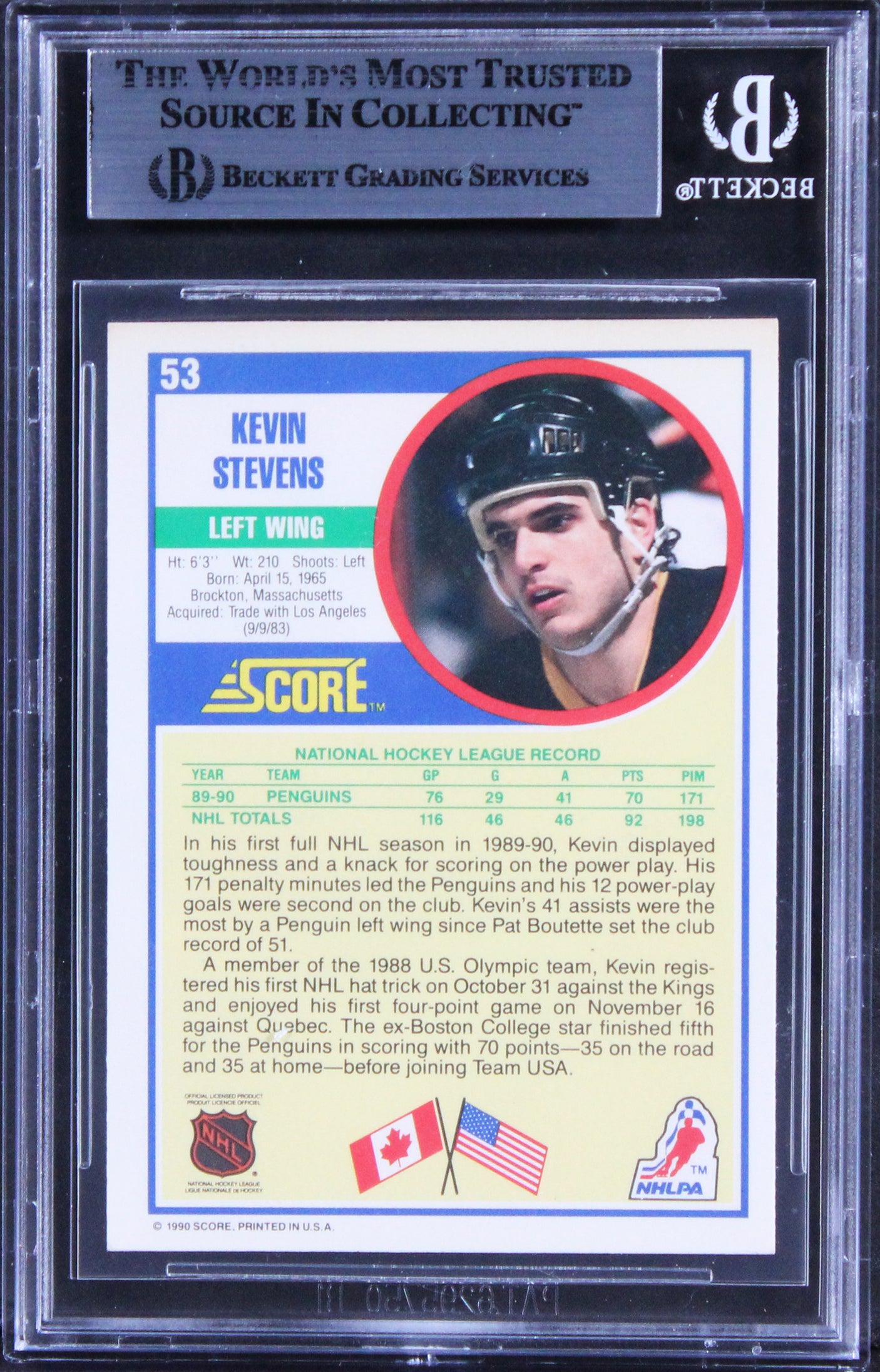 Penguins Kevin Stevens Authentic Signed 1990 Score #53 Card BAS Slabbed
