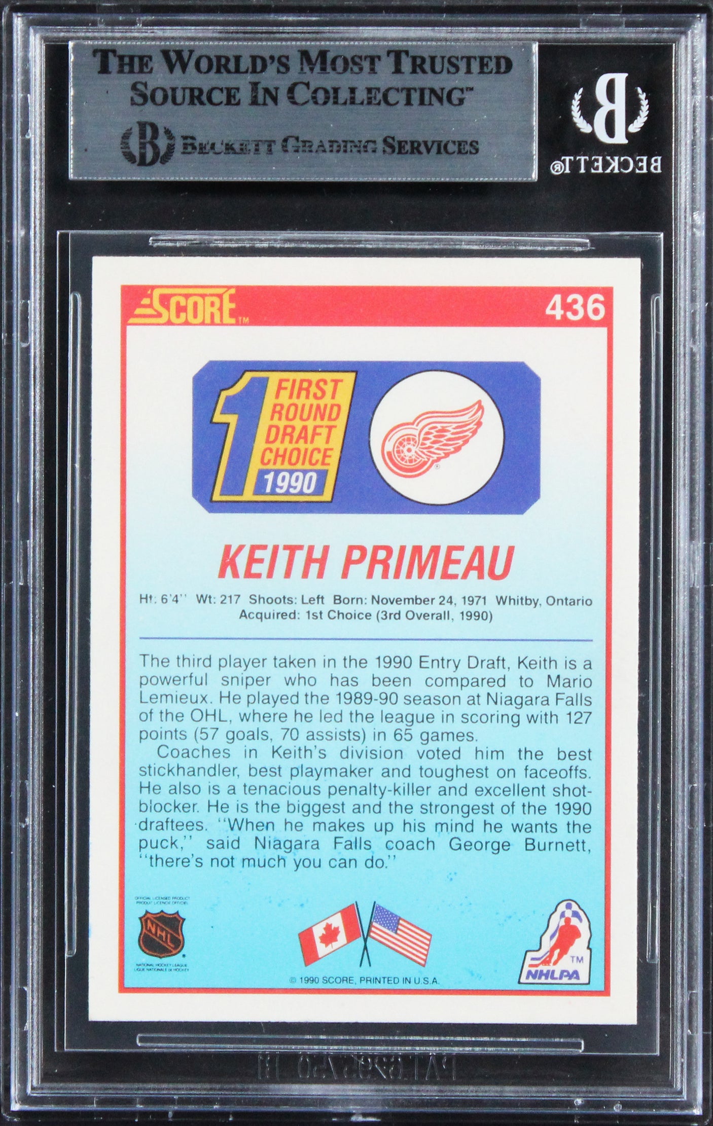 Red Wings Keith Primeau Authentic Signed 1990 Score #436 Rookie Card BAS Slabbed