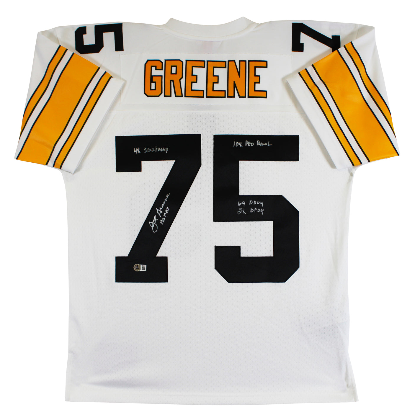 Steelers Joe Greene "Career Stat" Signed White M&N TB Jersey BAS Wit #3W142112