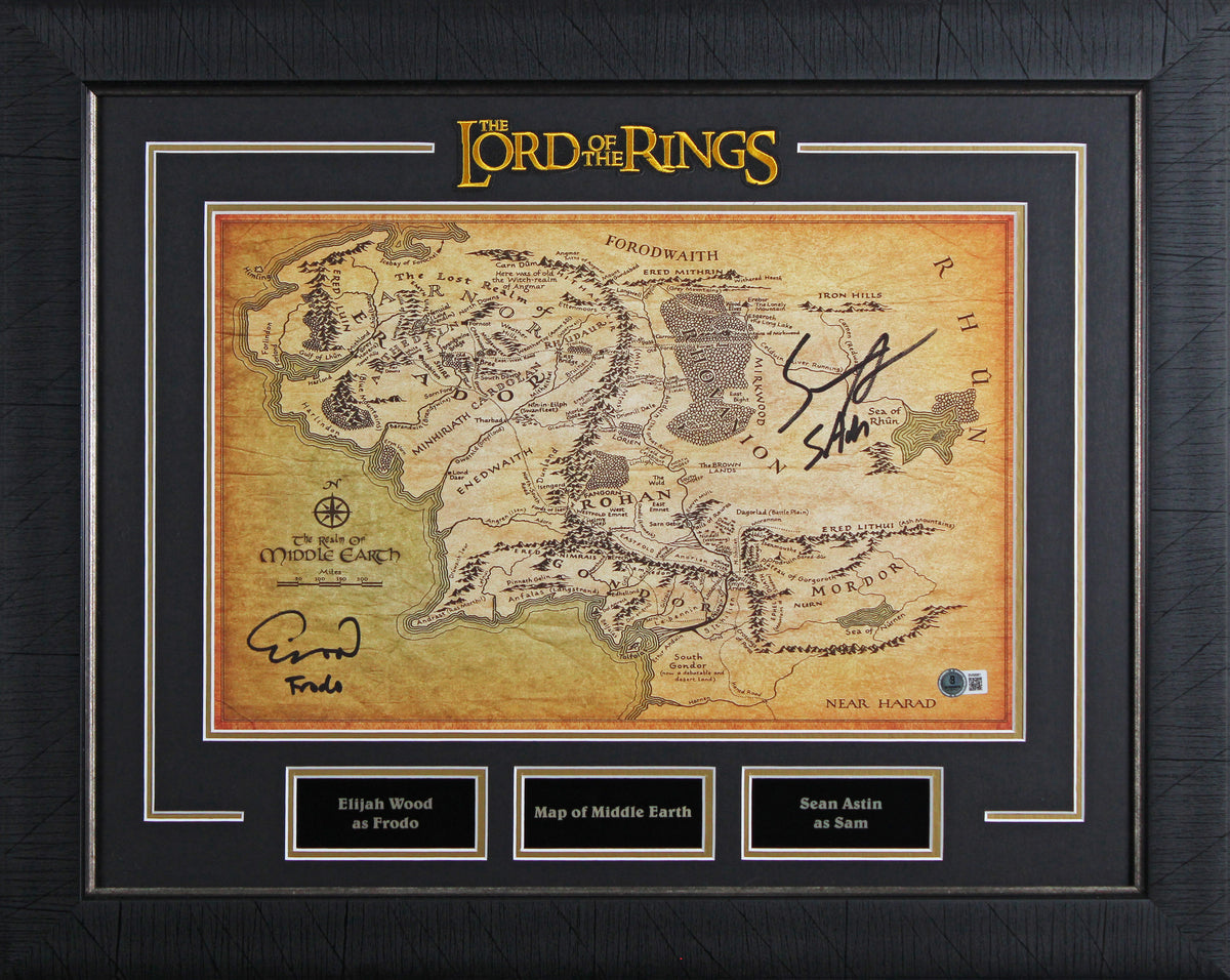 Elijah Wood & Sean Astin LOTR Signed & Framed 11x17 Middle Earth Canvas Map BAS