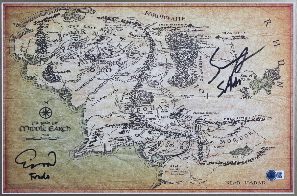Elijah Wood & Sean Astin LOTR Signed & Framed 11x17 Middle Earth Canvas Map BAS