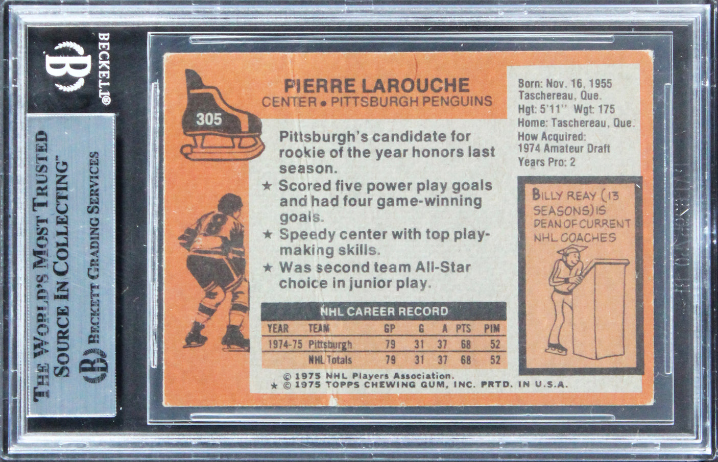 Penguins Pierre LaRouche Authentic Signed 1975 Topps #305 Card BAS Slabbed