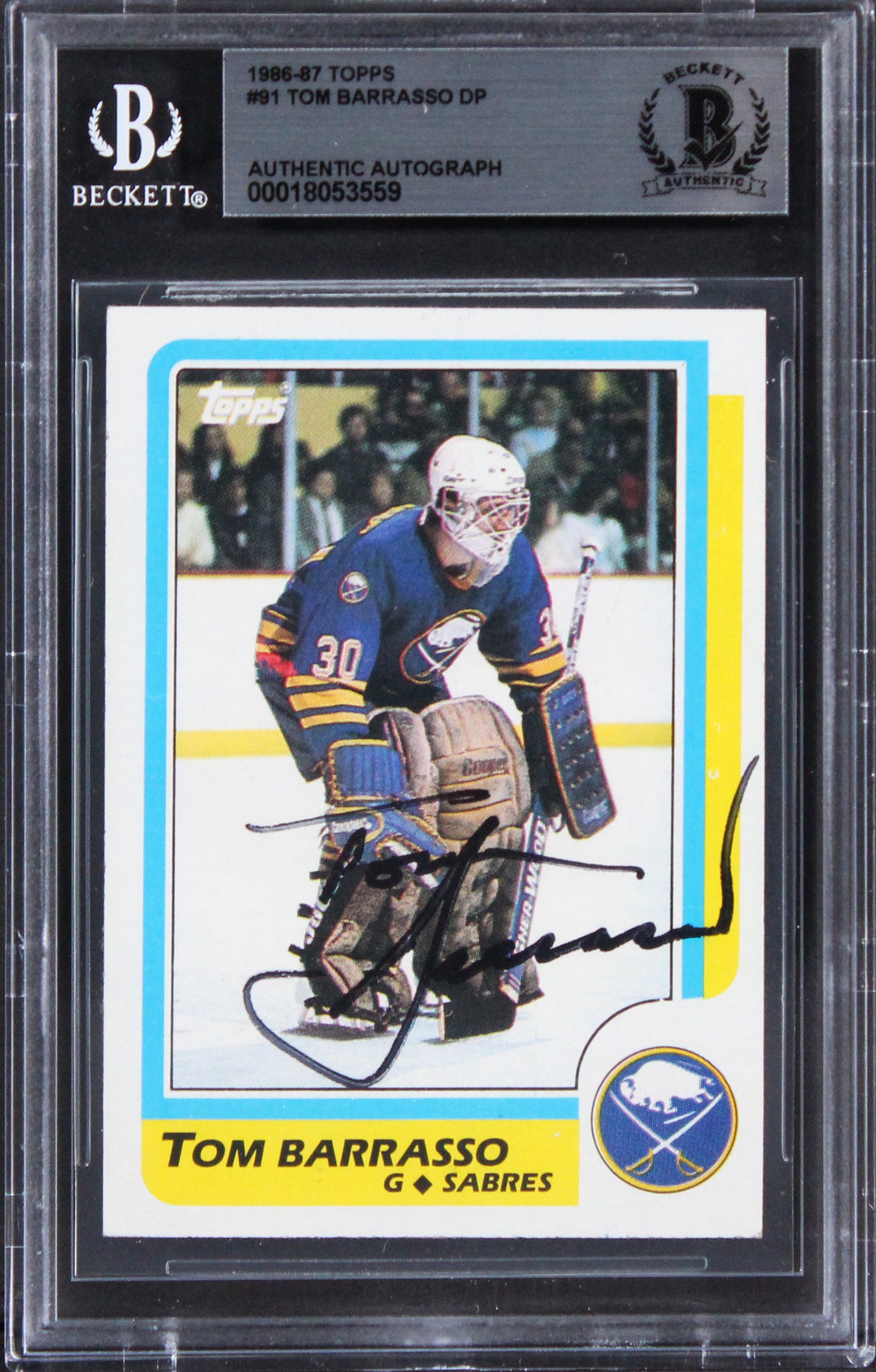 Sabres Tom Barrasso Authentic Signed 1986 Topps #91 Card BAS Slabbed