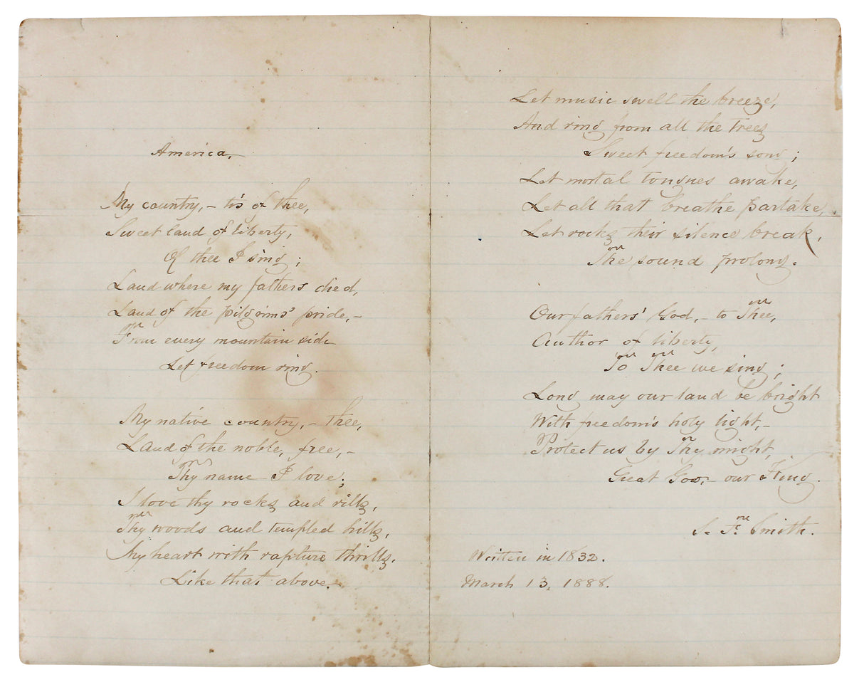 Samuel Francis Smith Signed 8x10 Hand Written "My country" Poem BAS #AE09505