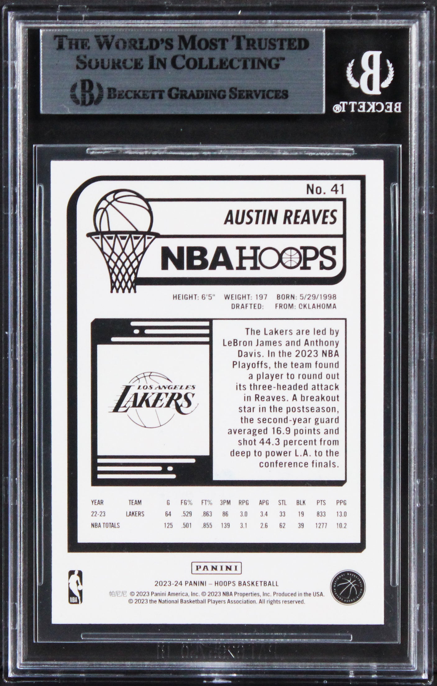 Lakers Austin Reaves Authentic Signed 2023 Hoops #41 Card BAS Slabbed