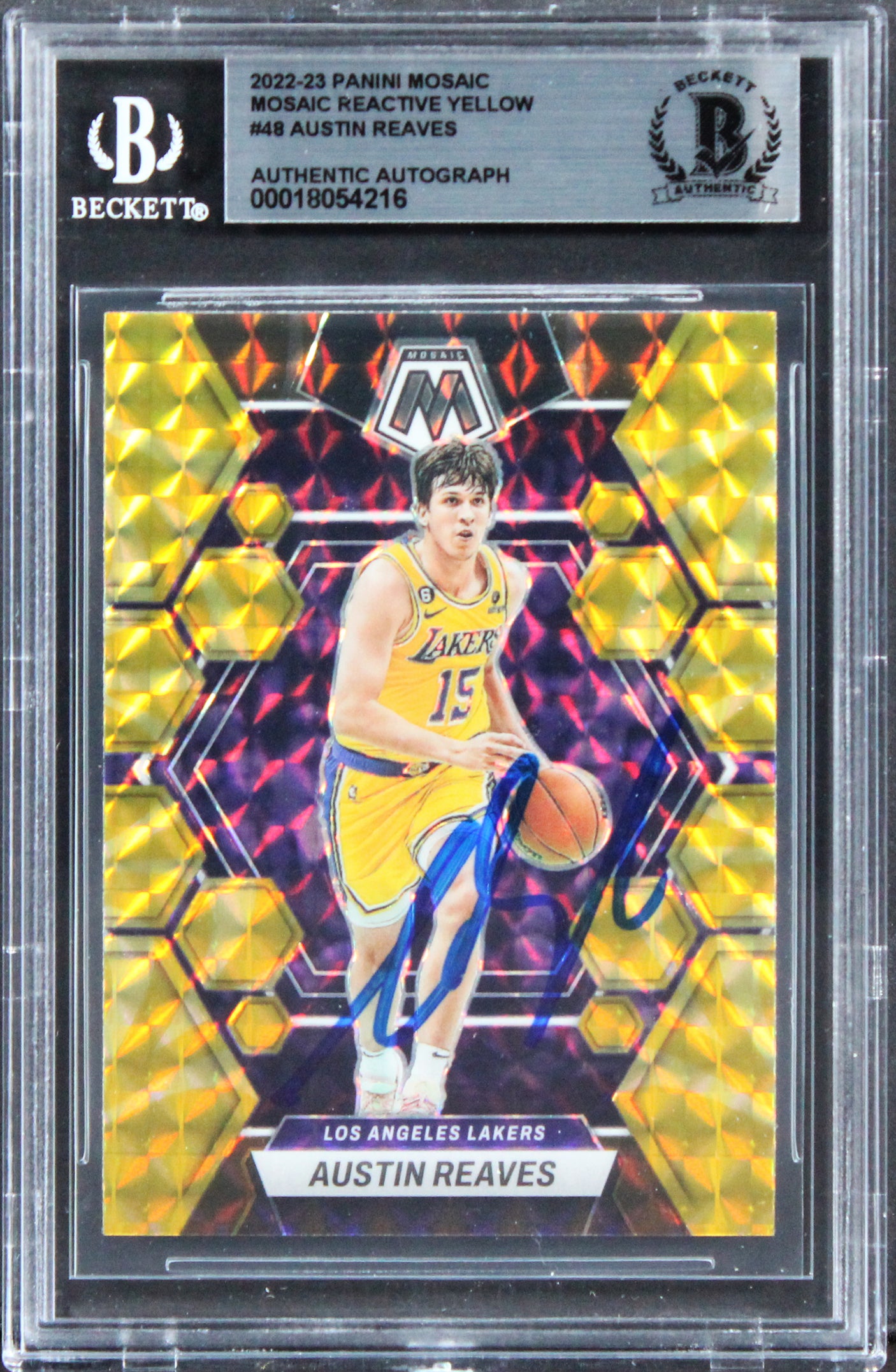 Lakers Austin Reaves Signed 2022 Panini Mosaic React Yellow #48 Card BAS Slabbed