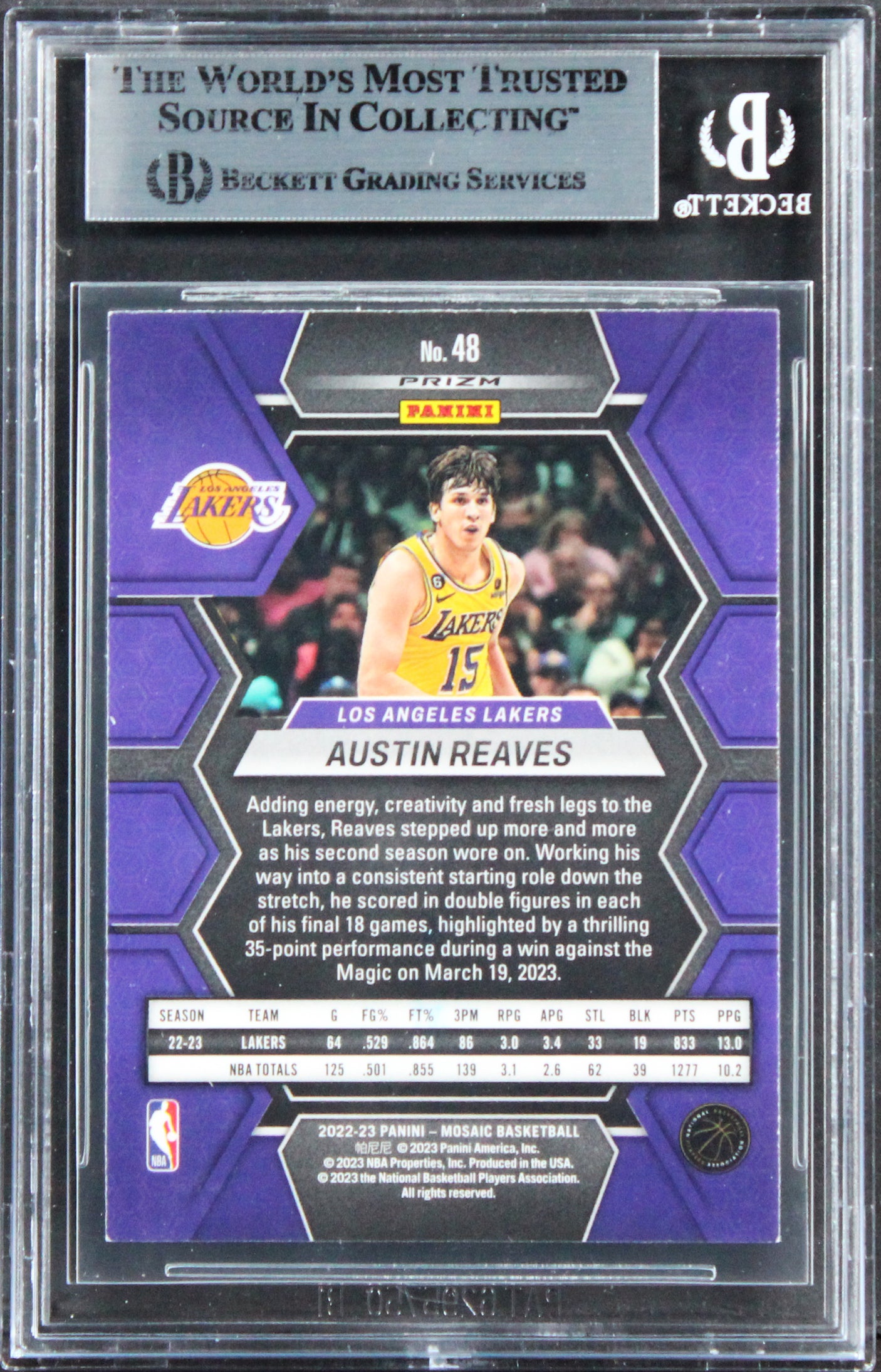 Lakers Austin Reaves Signed 2022 Panini Mosaic React Yellow #48 Card BAS Slabbed