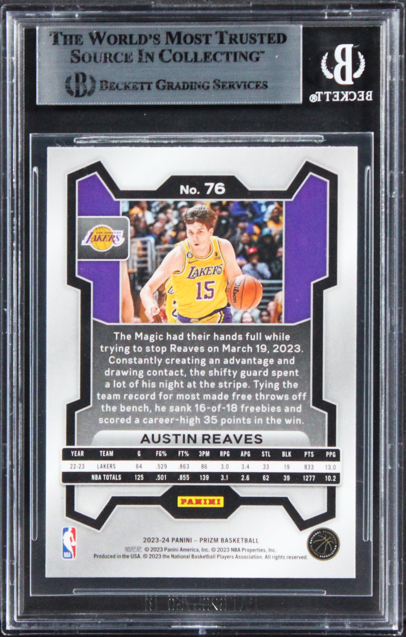 Lakers Austin Reaves Authentic Signed 2022 Panini Prizm #76 Card BAS Slabbed